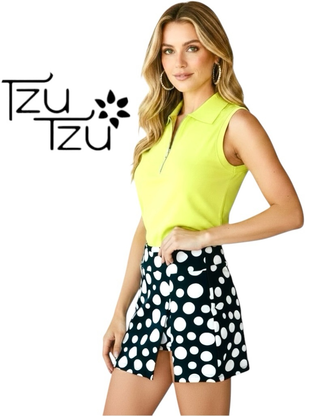 Tzu Tzu Skort Skirt UPF50+ Black White Polka Dots Golf Tennis Side/Zip Pull On M